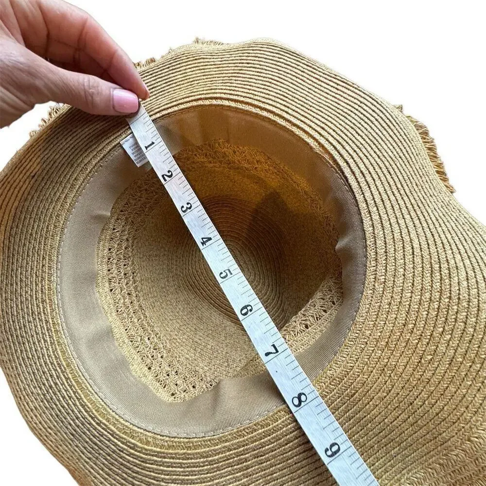 Women's Beige Straw Sun Hat Wide Brim Frayed Lightweight One Size